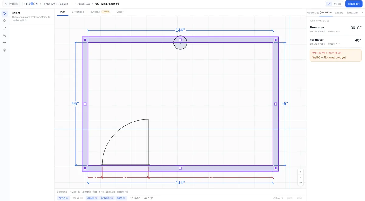 Praxon Field CAD plan editor with a room drawn to measured walls, dimension strings, derived floor area and perimeter, and a flag noting a head height that has not been measured.