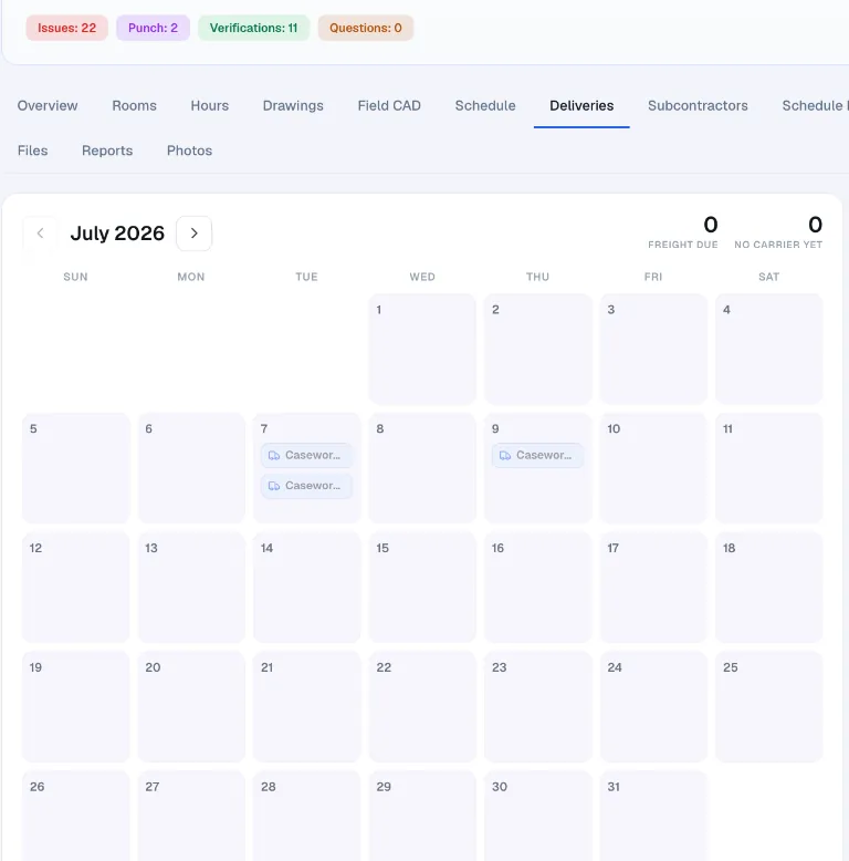 Praxon delivery calendar with scoped deliveries placed on the dates they are due to site.