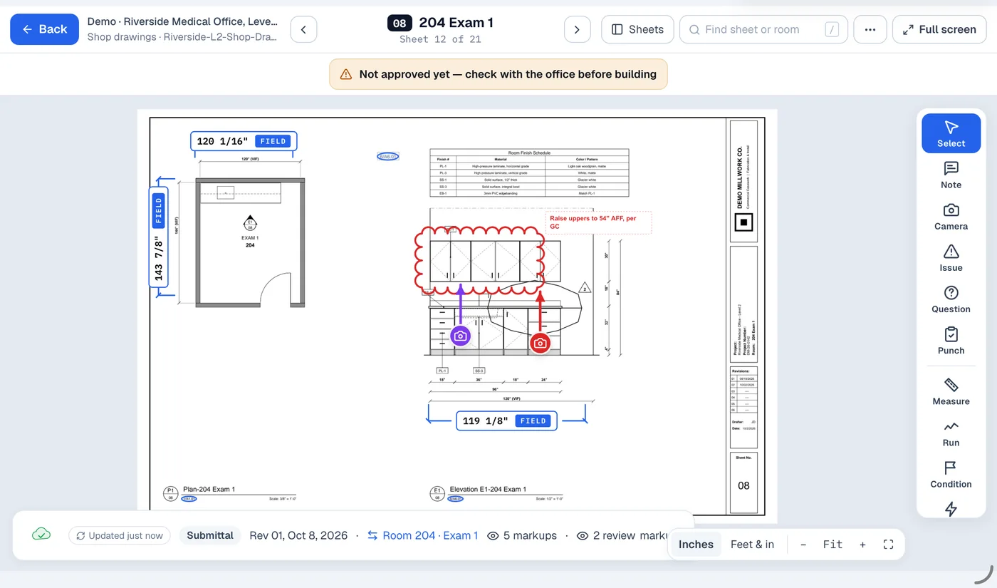 A shop drawing as the drafting partner sees it in Praxon, with field-verified dimensions, an office review note and an open issue.