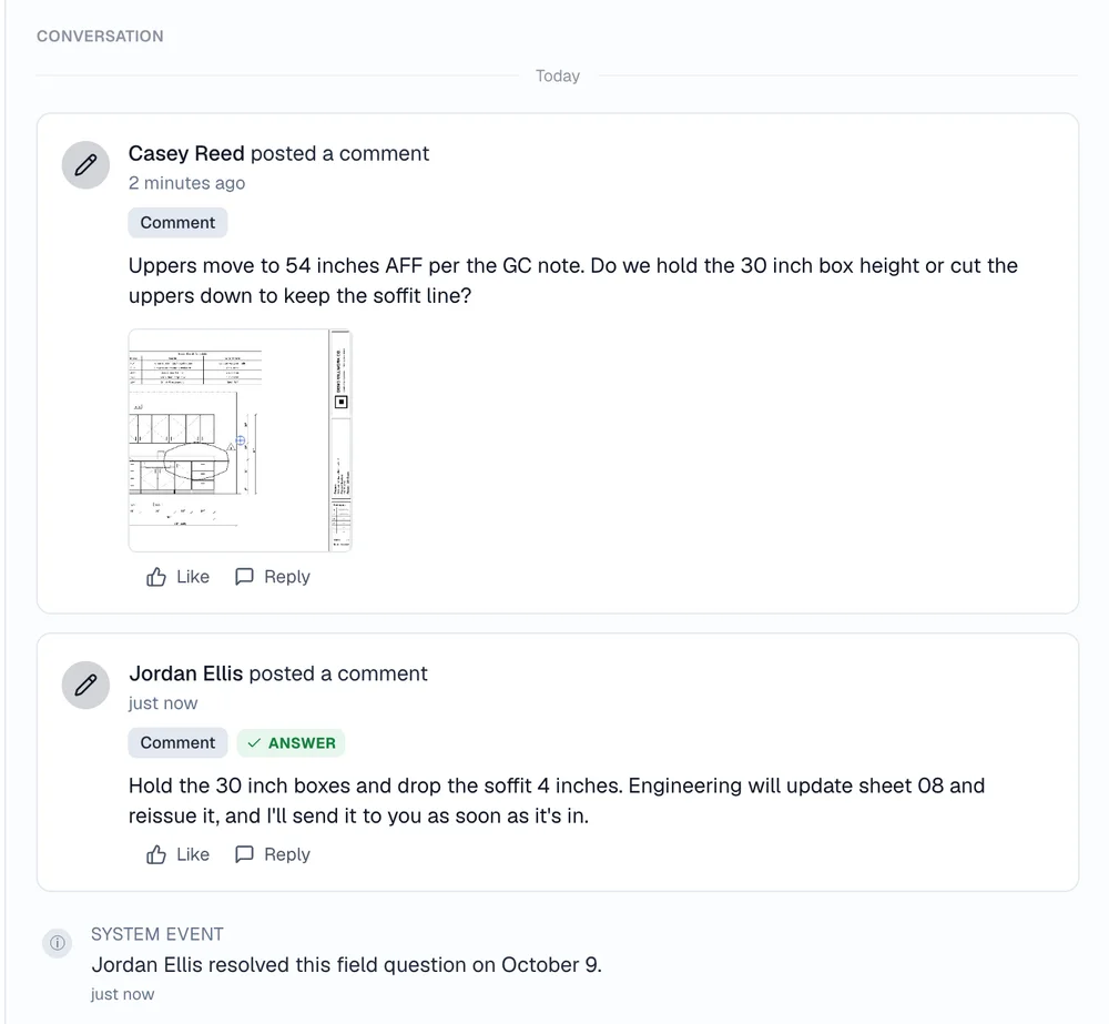 A drafting partner's question on a sheet, answered by the project manager in the conversation.