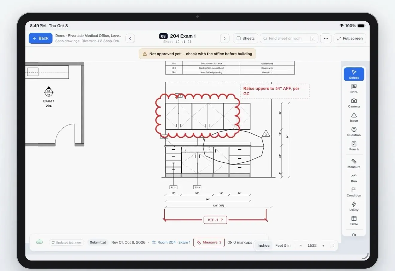 An office review cloud and note on the field iPad.
